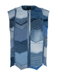 a denim vest with zippers and patches on the front, made out of blue jeans