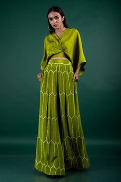 Shop for Nupur Kanoi Green Crepe Kaftan Top And Pant Set for Women Online at Aza Fashions Green V-neck Sets For Eid, Green Sets With Kimono Sleeves For Spring, Green Kimono Sleeve Sets For Spring, Spring Green Sets With Kimono Sleeves, Green Anarkali Pant Set For Eid, Festive Green V-neck Sets, Green Festive Pant Set For Spring, Green Anarkali Set With V-neck, Green Traditional Drape Pant Set For Eid