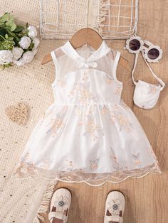 Baby Girl Chinese Style Embroidered Decor Dress White   Sleeveless Woven Fabric Floral,Plants,Butterfly A Line Non-Stretch  Baby Girls Clothing, size features are:Bust: ,Length: ,Sleeve Length: Embroidered Decor, White Mesh Dress, Glitter Party Dress, Mesh Overlay Dress, Fabric Floral