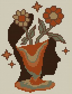 an image of a cross stitch pattern with flowers in a vase and stars on the side