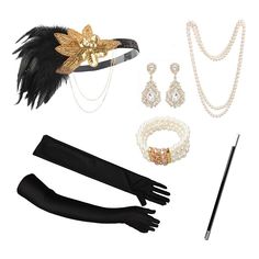 Season:All Seasons; Gender:Women's; What's in the box:1 Bracelet,Gloves,Headband,Necklace,Earrings; Types:Outfits,Accessories Set; Style:1920s,1930s; Material:Feather; Listing Date:05/23/2023 Elegant Gold Costume Jewelry, Elegant Gold Jewelry For Costume, Gold Jewelry For Costume Party, Elegant Adjustable Jewelry For Costume Party, Elegant Black Jewelry For Costume Party, Gold Gatsby Style Party Jewelry, Elegant Gold Costume Accessories For Party, Gold Gatsby Style Jewelry Gift, Christmas Masquerade Party