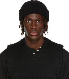 Rib knit wool beanie in black. · Self-tie fastening at back face · Rolled brim Supplier color: Black | Craig Green Black Wool Hinge Beanie Mens Dreads, Knitted Wool Beanie, Green Clothing, Dreadlock Hairstyles For Men, Face Study, Craig Green, Dreadlock Hairstyles, Character Inspo, Wool Beanie