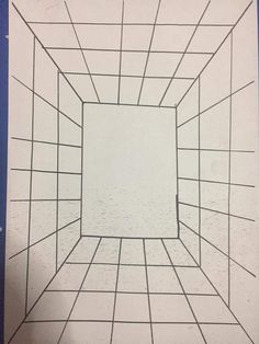 a drawing of a square in the middle of a room with white tiles on it