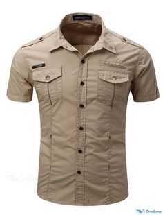 khaki Summer Outdoor T-shirt With Pockets, Outdoor Khaki Short Sleeve Cotton Shirt, Outdoor Khaki Cotton Short Sleeve Shirt, Casual Khaki T-shirt For Outdoor, Casual Khaki Tops For Outdoor, Khaki Short Sleeve T-shirt For Outdoor, Cargo Shirts, Summer Days, Solid Color