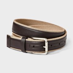 Give your casual outfit a stylish, polished update with this Stretch Overlay Webbed Belt from Goodfellow & Co™. The khaki stretch overlay belt features a webbed design with stitch detailing on the side for a classic look, while a shiny metal buckle closure with multiple holes helps you to get a customized fit. Pair it with everything from a jeans-and-tee combo to a button-down and khakis for a perfectly sleek finishing touch. Goodfellow & Co™: Where style & fit are always in good company. Casual Belts For Workwear In Spring, Casual Belts For Spring Workwear, Casual Spring Belts For Workwear, Casual Leather Rope Belt, Casual Brown Belt For Workwear, Casual Brown Belt For Work, Casual Brown Belt For Fall, Casual Fitted Leather Belt, Casual Beige Fabric Belt