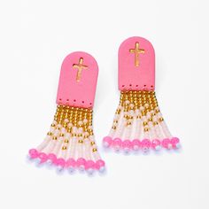 Add some spooky sparkle to your Halloween with our Tombstones in Pink & Gold! Featuring beaded fringe, this lightweight accessory is hypoallergenic for a safe and stylish choice. Perfect for any graveyard gathering! 👻💖 Details Size: 2.25" in length Post Material: Grade 1 Titanium Please note that the golden cross has a clear protective coating, please do not use anything other than a damp cloth to clean this area. Adjustable Dangle Jewelry With Beaded Fringe, Adjustable Beaded Fringe Jewelry For Festivals, Pink Beaded Fringe Jewelry For Festival, Adjustable Beaded Fringe Jewelry Gift, Adjustable Beaded Fringe Jewelry As Gift, Golden Cross, Everyday Earrings Studs, Eyeglass Chain, Beaded Fringe