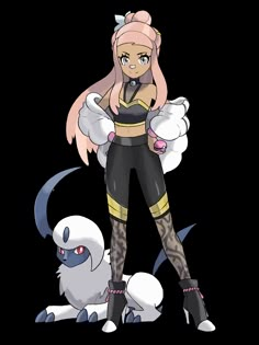 a woman in black and yellow outfit standing next to a white pokemon with horns on her head