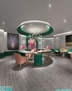 the interior of a fancy restaurant with pink and green chairs