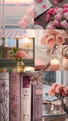 pink flowers and books are arranged in this collage with the sun setting on the water