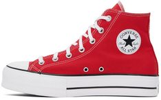 High-top canvas sneakers in red. · Rubber cap toe · Lace-up closure · Logo bonded at inner side · Eyelets vents at inner side · Rubberized logo patch at heel counter · Padded insole · Padded mesh lining · Textured platform midsole · Treaded rubber sole · Contrast stitching in white · Platform: H1.5 Supplier color: Red/White/Black Red Cotton Converse Sneakers, Red Canvas Sneakers For Streetwear, Red Converse Canvas Shoes For Streetwear, Red High-top Canvas Shoes, Red Canvas Streetwear Shoes, Red High-top Canvas Sneakers With Rubber Sole, Red Canvas High-top Sneakers With Rubber Sole, Red Canvas Sneakers With Vulcanized Sole, Red Canvas High-top Sporty Sneakers