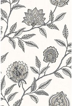 a drawing of flowers and leaves on a white wallpaper with black ink art work