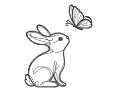 a rabbit sitting next to a butterfly on top of a white background with black outline