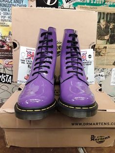 Dr Martens Clemency Bright Purple Size 6 UK. Clemency limited Edition heeled boots. Black Hiking Boots, Colin Baker, Cream Shoes, Bright Purple, Brown Sandals, Dr. Martens Boots, Dr. Martens, New Shoes, Perfect Pair