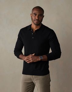 A versatile classic that's here to stay. Back by popular demand in a long sleeve version, this polo offers breathable comfort and superior softness with its Robles Yarn's 14gg Fine Knit composition. Crafted from 100% cotton soft sweater knit, it's your ultimate go-to for effortless style and comfort. Sweater Polo Outfits, Sweater Polo Outfits Men, Black Mens Clothing Styles, Polo Outfit Men, Polo Outfit, Henley Sweater, Black Polo, Soft Sweater, Knit Long Sleeve