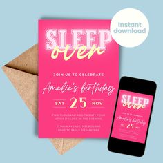 a pink sleep over birthday party with an iphone next to it