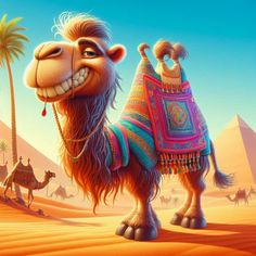 the camel is smiling while standing in the desert with other animals behind it and palm trees