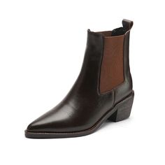 Expertly crafted with genuine cow leather, these Olga Women's Chelsea Boots by USS Shoes are perfect for the winter and autumn seasons. The pointed toe and square heel add a fashionable touch, while the velvet insole and lining provide extra comfort. The slip-on design and splicing detail make these boots both stylish and easy to wear. With a 2-inch heel, these boots fit true to size for a flattering fit. Buy your high-quality boots at USS Shoes. Brown High Heel Chelsea Boots For Winter, Winter Heeled Boots With Leather Sole And Low Heel, Winter Low Heel Boots With Leather Sole, High Heel Chelsea Boots With Leather Sole For Winter, Fall Square Toe Heeled Boots With Leather Sole, Chic Brown Chelsea Boots For Winter, Fall Leather Ankle Boots With Leather Lining, Winter Leather Shoes With Pointed Toe, Business Winter Chelsea Boots With Almond Toe