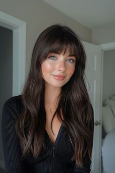 Long Hair With A Fringe, Bangs Hairstyles Brown Hair, Chest Length Hair With Bangs, Long Dark Hair With Bangs Round Face, Women Haircut With Bangs, Bangs On Women, Bangs No Layers, Jet Black Hair With Bangs, Brunette Hair Bangs