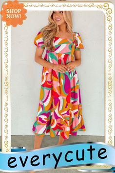 Red Abstract Print Square Neck Flowy Midi Dress Trendy Vibrant Print Dress For Brunch, Trendy Colorful Spring Dresses, Trendy Spring Dresses With Colorful Pattern, Chic Short Sleeve Midi Dress With Vibrant Print, Trendy Colorful Patterned Beach Dress, Trendy Multicolor Floral Print Midi Dress, Trendy Colorful Patterned Dress For Vacation, Trendy Colorful Beach Dress, Trendy Colorful Dress With Vibrant Print