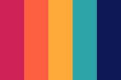 Vertical color blocks including a range of tones from magenta to orange, then yellow, then teal, finishing with indigo. Mexico Colors, Rainbow Color Palette, Retro Color Palette, Color Schemes Colour Palettes, Color Palette Bright, Color Palate