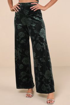 With stylish and sophisticated vibes aplenty, we can't get enough of the Lulus Sensational Attitude Emerald Green Burnout Velvet Wide-Leg Pants! Stretchy, plush velvet boasts a chic burnout floral effect as it shapes these elevated pants that have a high waist and wide, breezy legs that end at ankle-length hems. Hidden zipper/clasp at the back. Pair with the matching top for a complete look! Fit: This garment fits true to size. Length: Floor length. Size medium Inseam: 31.00 Front Rise: 13.50 Wa Burnout Velvet, Velvet Pants, Matching Top, Hidden Zipper, Ankle Length, Emerald Green, Leg Pants, Wide Leg Pants, Floor Length