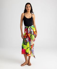 Paradise Pareo in color black on model Sarong Scarf, The Paradise, Beach Home, Beach Covers, Sarong, Silk Scarves, 100 Years, Warm Weather, Colorful Prints