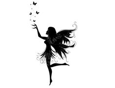 the silhouette of a fairy with butterflies in her hand