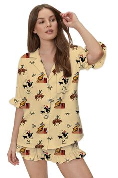 This 2-piece pajama set is super cute! Casual Printed Sleep Sets, Casual Printed Sleepwear For Pajama Party, Casual Relaxed Fit Bedtime Set, Relaxed Fit Printed Pajama Shorts For Loungewear, Casual Matching Set Sleepwear For Sleepover, Casual Sleepwear Matching Set For Sleepovers, Casual Printed Sleepwear For Lounging, Casual Relaxed Fit Sleepwear, Casual Printed Pajama Shorts For Pajama Party