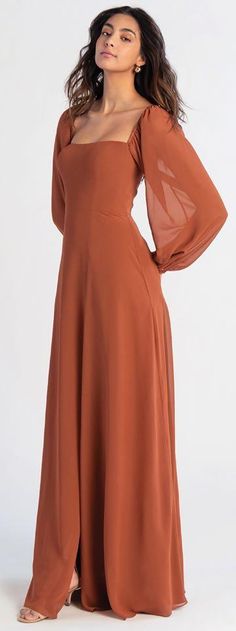 Style Althea: Luxe chiffon gown with sheer sleeve, straight across neckline and side slit By Jenny Yoo Ardmore, PA & Morristown, NJ Gaun Tulle, How To Have Style, Jenny Yoo Bridesmaid, Long Sleeve Bridesmaid Dress, Bridesmaid Dresses With Sleeves, Long Sleeve Dress Formal, Bridesmaid Dress Styles, Jenny Yoo, Grad Dresses