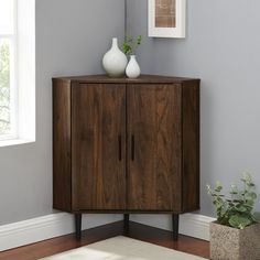 a cabinet with two vases on top of it next to a rug and potted plant