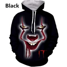 Autumn New Halloween 3d Sweater Hoodie Clown Print Sweater European and American Couple Hoodie Black Hip Hop Hoodie For Halloween, Black Fleece Hoodie For Halloween, Black Halloween Hip Hop Hoodie, Black Fleece Halloween Hoodie, Black Cartoon Print Hoodie, Black Hooded Hoodie With Cartoon Print, Black Hoodie With Cartoon Print, Black Crew Neck Hoodie For Halloween, Hip Hop Long Sleeve Halloween Outerwear