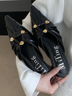 Sku CY-!165991 Material Microfiber , Rubber Feature Pointed-Toe , Hollow , Split-joint Occasion Evening , Casual , Office , Urban Seasons Spring , Summer , Autumn Type Sandals , Slippers&Mules Heels Height Low (1cm-3cm) Color BLACK,SILVER,OFF WHITE Size 35,36,37,38,39 Black Closed Toe Heels With Metal Pin Buckle, Black Heels With Metal Pin Buckle For Spring, Black Closed Toe Sandals With Metal Pin Buckle, Spring Black Sandals With Metal Pin Buckle, Black Sandals With Metal Pin Buckle For Spring, Black Sandals With Metal Pin Buckle, Spring Black Heels With Metal Feet, Black Flat Sandals With Metal Pin Buckle, Black Pointed Toe Mules With Buckle Closure