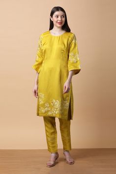 Mustard kurta with floral dori embroidery. Paired with coordinating pant and dupatta. - Aza Fashions Diwali Straight Kurta Set With Gold Embroidery, Gold Embroidered Straight Kurta For Festivals, Festive Straight Kurta Set With Gold Embroidery, Palazzo Set With Gold Embroidery And Straight Kurta, Festive Gold Embroidery Straight Kurta Set, Unstitched Churidar With Gold Embroidery, Silk Pant Set With Straight Kurta And Floral Embroidery, Navratri Straight Kurta Sets With Gold Embroidery, Silk Pant Set With Floral Embroidery And Straight Kurta