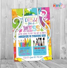 Printable Art Paint Party Invitations. Colorful Kids Birthday Invitation by The Party Stork. Invitation is 5 x 7. YOU print your birthday invitations. More Art Party invites available here: https://www.etsy.com/listing/185155859/art-paint-party-invitations-printable Girls Art Party, Art Birthday Party Invitations, Art Birthday Invitations, Art Paint Party, Art Themed Party, Art Party Invitations, Kids Painting Party, Painting Birthday Party, Painting Birthday