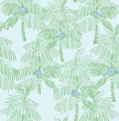 a blue and green palm tree wallpaper with small leaves on the top of it