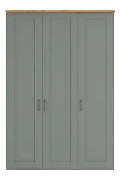 a grey cupboard with three doors on the front and two drawers on the back, against a white background