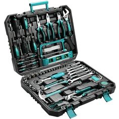 an open tool box filled with tools on a white background