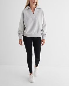 Relaxed V-neck Fleece Polo Sweatshirt | Express Fall Fleece Tops With Ribbed Waistband, Cozy V-neck Sweatshirt With Ribbed Cuffs, Cozy Fleece Sweatshirt With Ribbed Collar, Fleece Tops With Ribbed Collar In Athleisure Style, Athleisure Fleece Top With Ribbed Collar, Sporty Tops With Ribbed Collar And Cozy Fit, Sporty Cozy Fit Tops With Ribbed Collar, Cozy Fleece Top With Ribbed Collar, Polo Sweatshirt