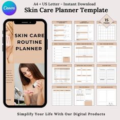 The Skincare Planner Template is an essential tool for organizing your skincare routine and tracking progress. It helps you plan and maintain a consistent skincare regimen, ensuring your skin gets the care it needs. The Skin Care Routine Checklist allows you to monitor daily and weekly skincare tasks, from cleansing and moisturizing to specific treatments, making sure you don't miss any steps. The Skincare Planner Template provides a space to document your skin's response to different products, track improvements, and make adjustments to your routine as needed. The Daily Health Planner integrates skincare with overall wellness, helping you manage your daily habits, such as hydration, diet, and sleep, which contribute to healthy skin. Available for quick download, these templates offer a co Weekly Skincare, Skincare Planner, Routine Checklist, Skincare Regimen, Essentials List, Health Planner, Journal Template, Daily Skin Care, Daily Habits