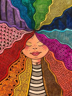 a drawing of a woman's face with her eyes closed and colorful hair in the middle