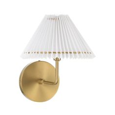 a wall light with a white shade on the top and gold trim around the base