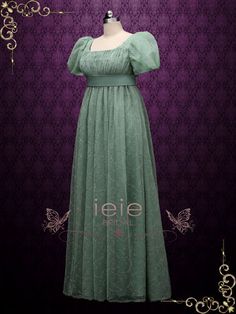 Green Regency Style Empire Dress with Floral Lace JOANNE – ieie Regency Dress Aesthetic, Regency Wedding Dress, Regency Wedding, Regency Dress, Dress Aesthetic, Dress Order, Empire Dress, Dress Purchase, Green Lace