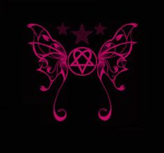 pink angel wings with stars and celtic symbols in the center on a black back ground