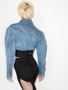 Mugler Panelled Cropped Denim Jacket - Farfetch Jackets 2022, Panel Jacket, Cropped Boyfriend Jeans, Denim Corset, Designer Denim, Bleached Denim, Frayed Jeans, High Waisted Flares, Floral Denim