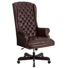 an office chair with brown leather upholstered