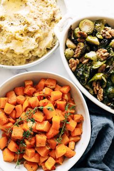 three bowls filled with different types of food next to mashed potatoes and brussel sprouts