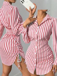 Rojo Casual Collar manga larga Tela tricotada A rayas Camisa Embellished No-Elástico Drawstring Shirt, Mini Dresses, Dress Red, Dress P, Striped Shirt, All Fashion, Women Clothing, Woven Fabric, Red Dress