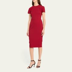 Victoria Beckham t-shirt fitted dress Round neckline Short sleeves Sheath silhouette Midi length Two-way back zip Triacetate/polyester Dry clean Made in Portugal Fitted Short Sleeve Midi Dress In Elastane, Short Sleeve Elastane Midi Dress For Party, Bodycon Knee-length Dress With Structured Shoulders, Knee-length Bodycon Dress With Structured Shoulders, Short Sleeve Elastane Bodycon Dress For Evening, Sleek Bodycon Short Sleeve Midi Dress, Sleek Short Sleeve Bodycon Midi Dress, Sleek Bodycon Midi Dress With Short Sleeves, Office Bodycon Midi Dress With Short Sleeves