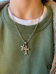 Chrome double sided cross necklace Brand new This item is unisex Double Cross Necklace, Chains Cross, Silver Cross Jewelry, Y2k Cross, Necklace Brands, Cross Jewelry, Chrome Hearts, Silver Cross, Fashion Vintage