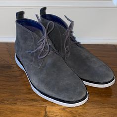 Like New - Never Worn - Suede Boots Gray Leather Slip-on Boots, Ankle-high Suede Sneakers With Stitched Sole, Gray Round Toe Formal Boots, Gray Round Toe Boots For Formal Occasions, Gray Formal Boots With Round Toe, Formal Ankle Boots With Cushioned Footbed, Formal Cushioned Ankle Boots, Classic Gray Leather Boots, Formal High-top Suede Boots